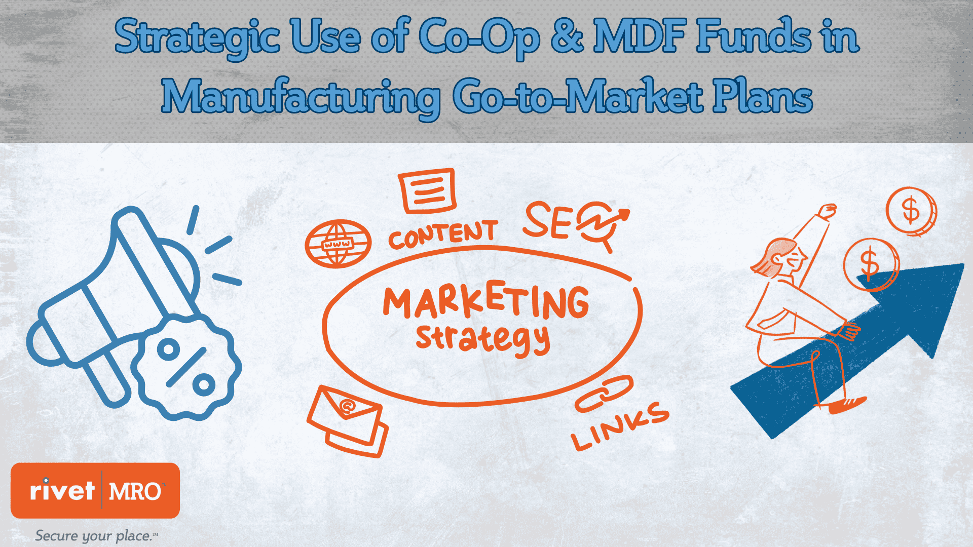 Illustrated graphic showing marketing strategy elements—content, SEO, links, email, and promotions—paired with icons of growth and revenue, representing Rivet|MRO’s guide on using co-op and MDF funds to boost manufacturing go-to-market success.