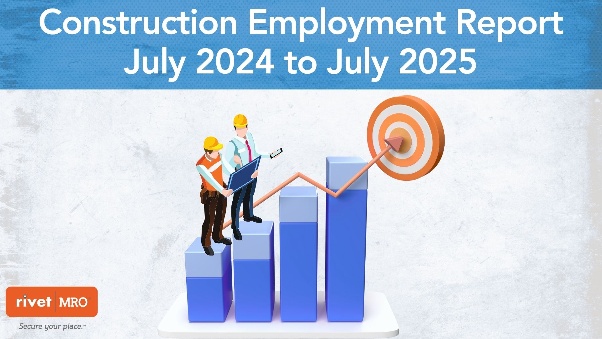 Illustration of construction employment trends July 2024 to July 2025, showing a rising blue bar chart with an orange arrow hitting a target. Two construction professionals in safety gear review plans on top of the chart. Rivet|MRO logo included.