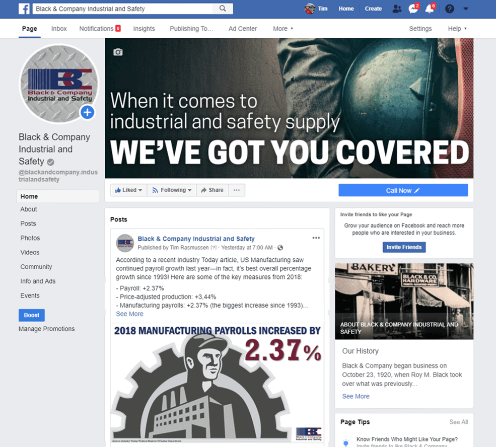 Screenshot of Black & Company Industrial and Safety facebook account
